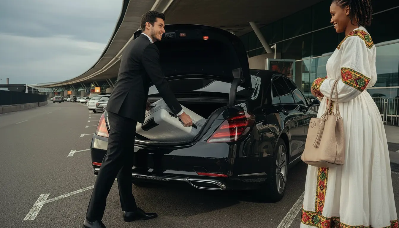 Chauffeur puts luggage in the trunk while guest waits.