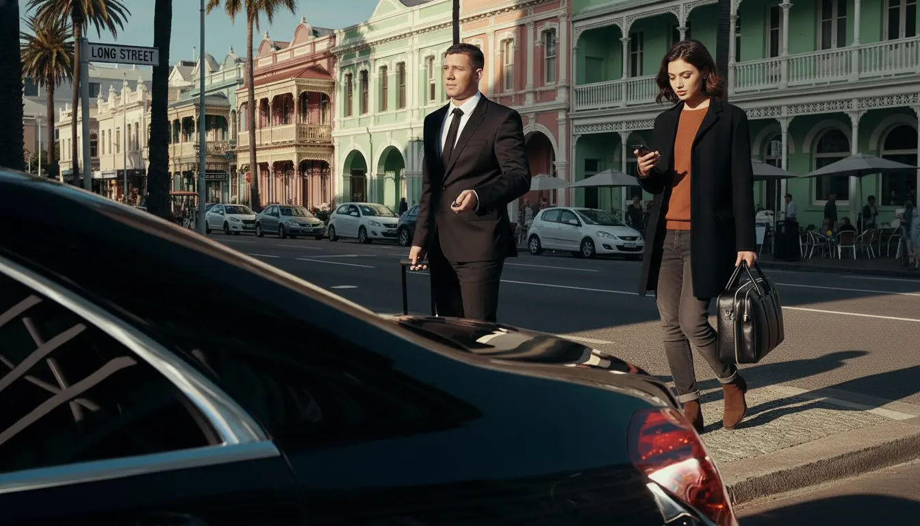 A man looks at his phone as he walks toward a vehicle, with a chauffeur by his side carrying his luggage.