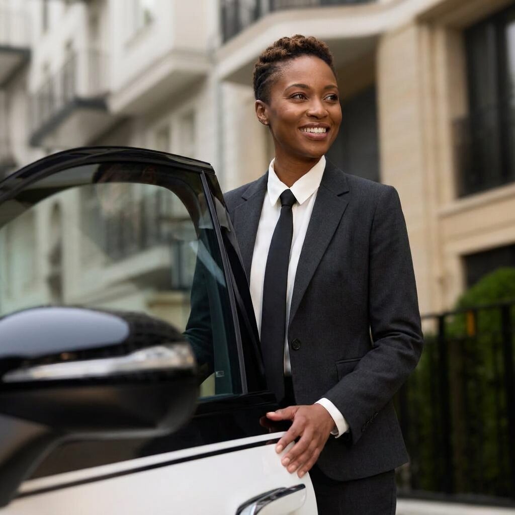 A professional HakuCab chauffeur standing beside a premium car