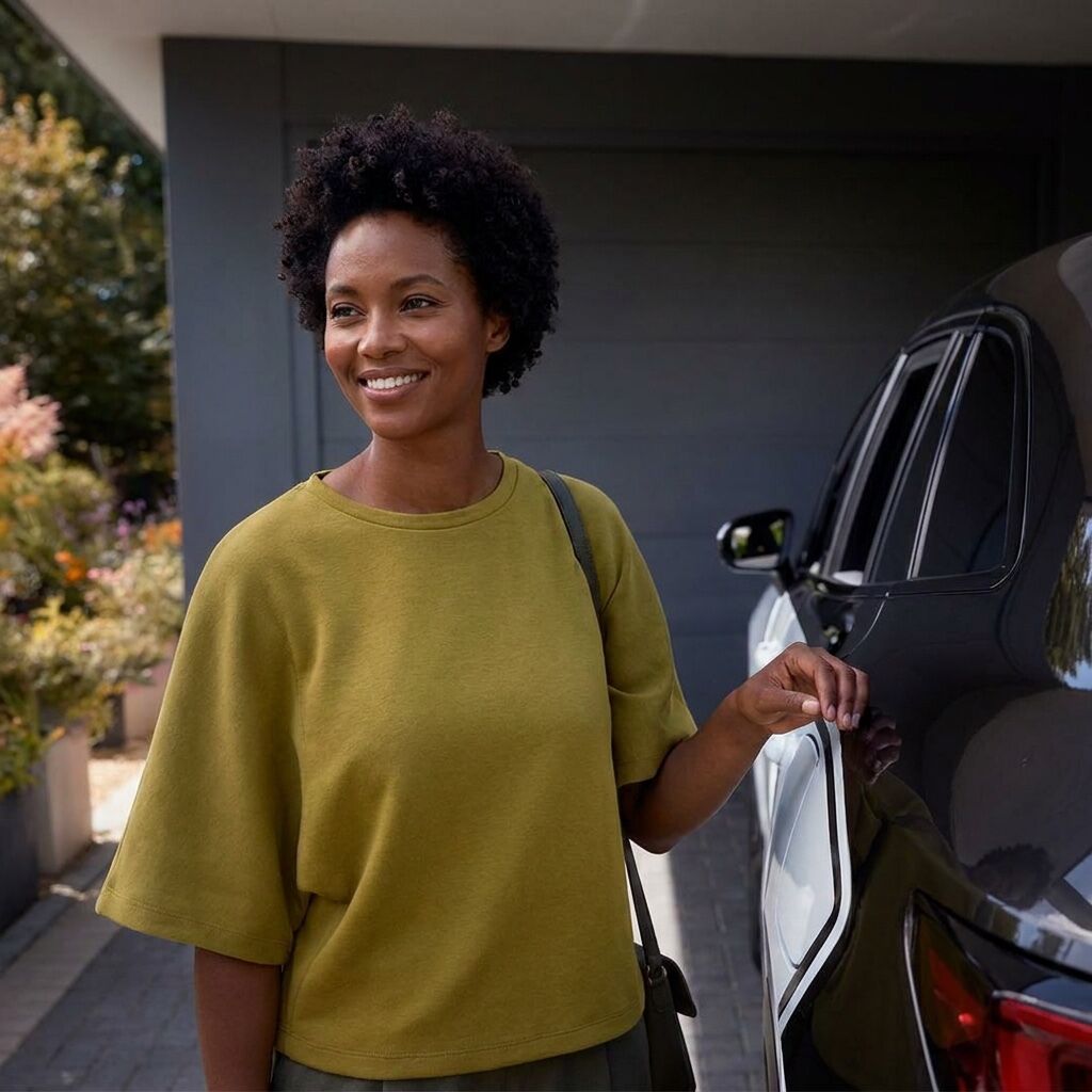 A smiling passenger about to get into her car outside her home.