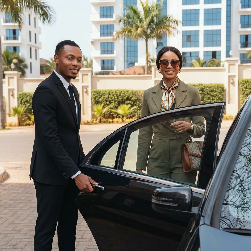 A HakuCab chauffeur opens the car door for a business executive.