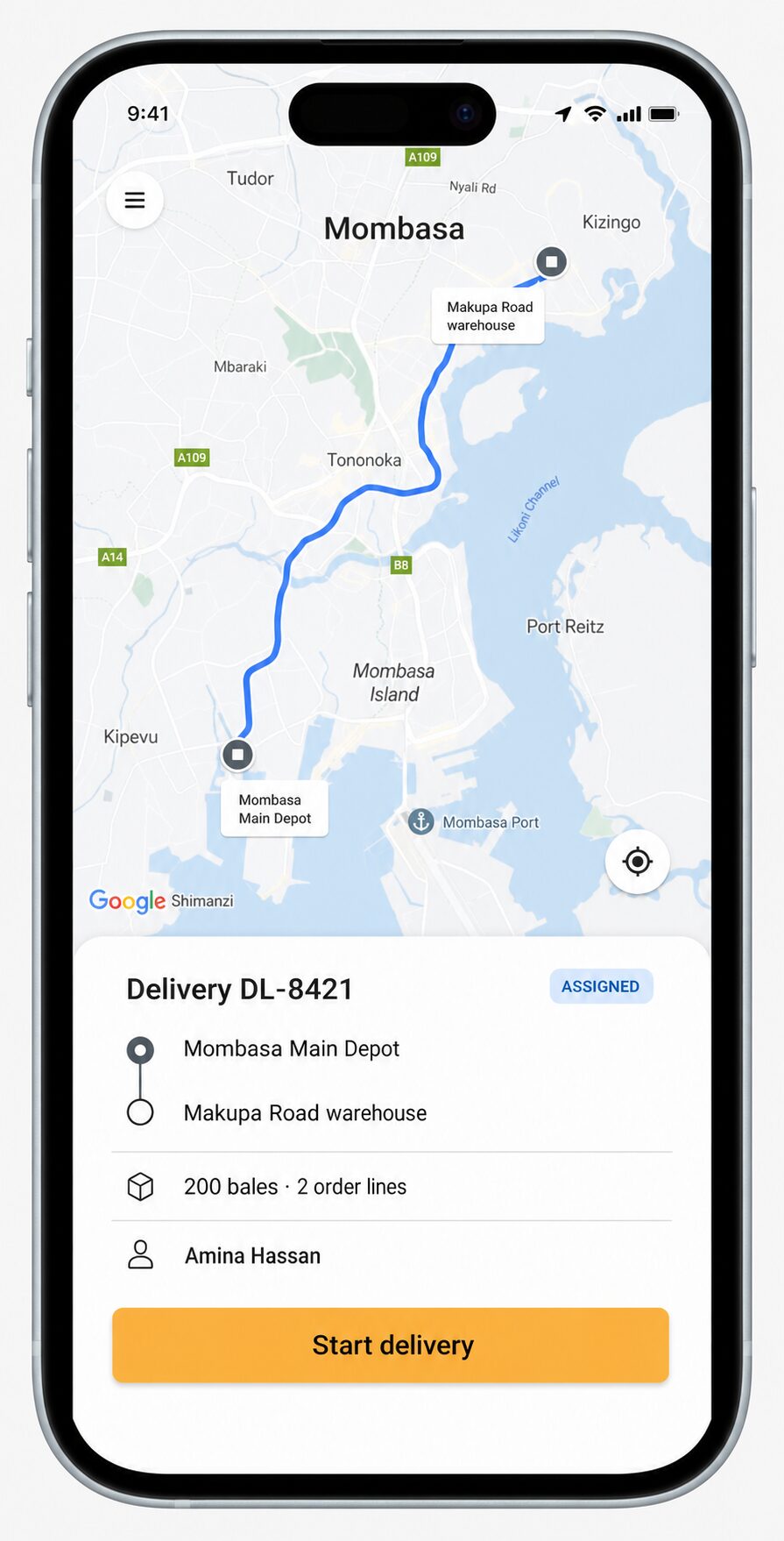 Mobile delivery tracking screen showing a route from Mombasa Main Depot to a customer warehouse.