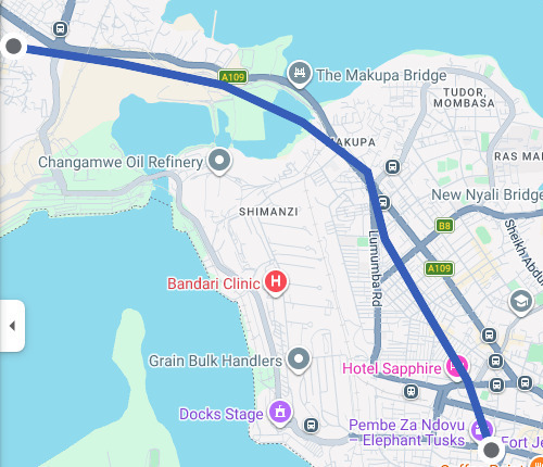 Live map showing a delivery route between Mombasa Main Depot and Makupa Road.