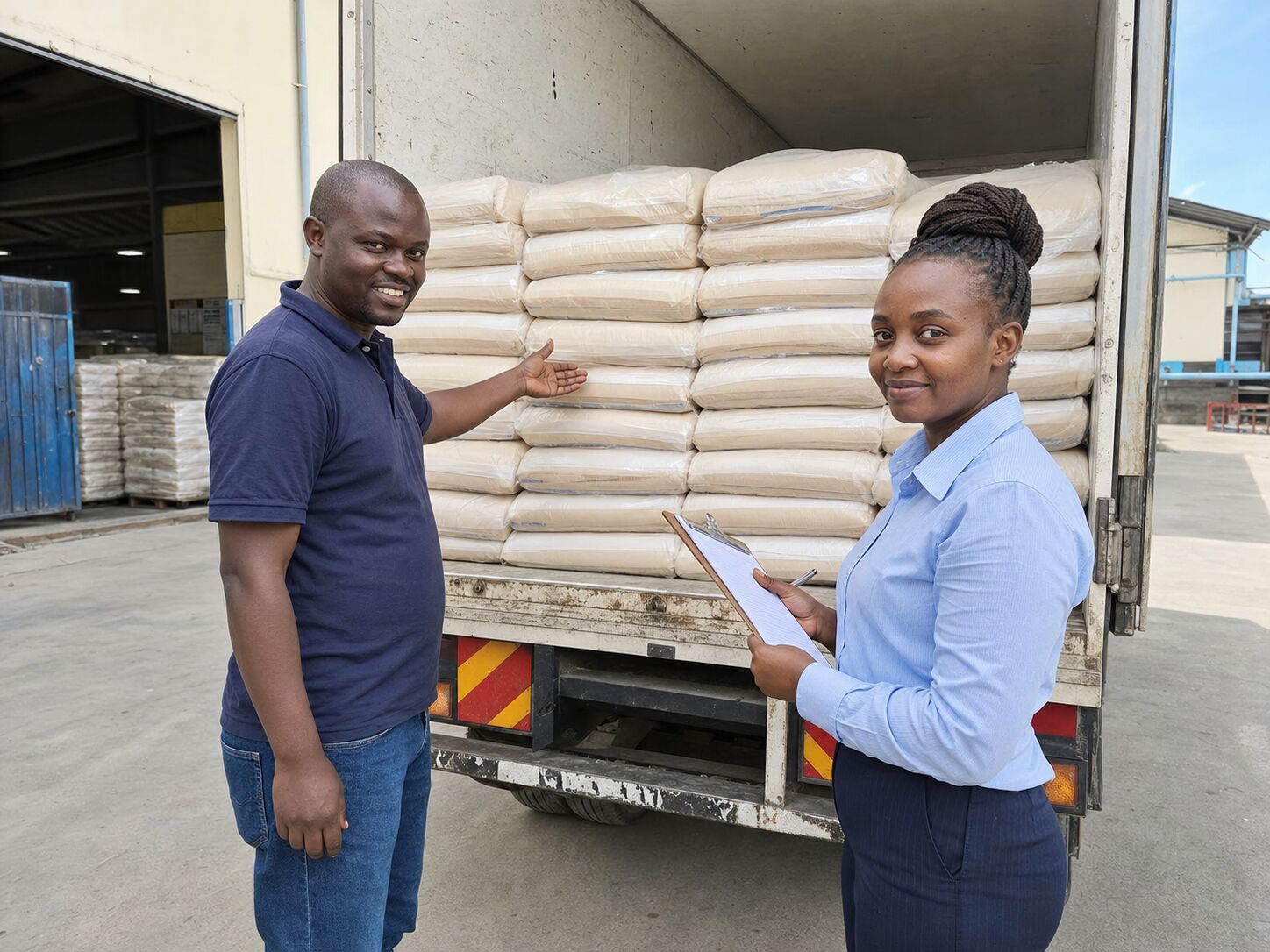 A driver and a customer service lead reviewing a delivered wholesale load at the back of a truck.