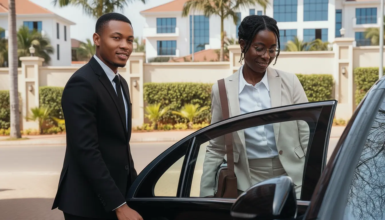 Chauffeur opens the car door for guest to step inside.