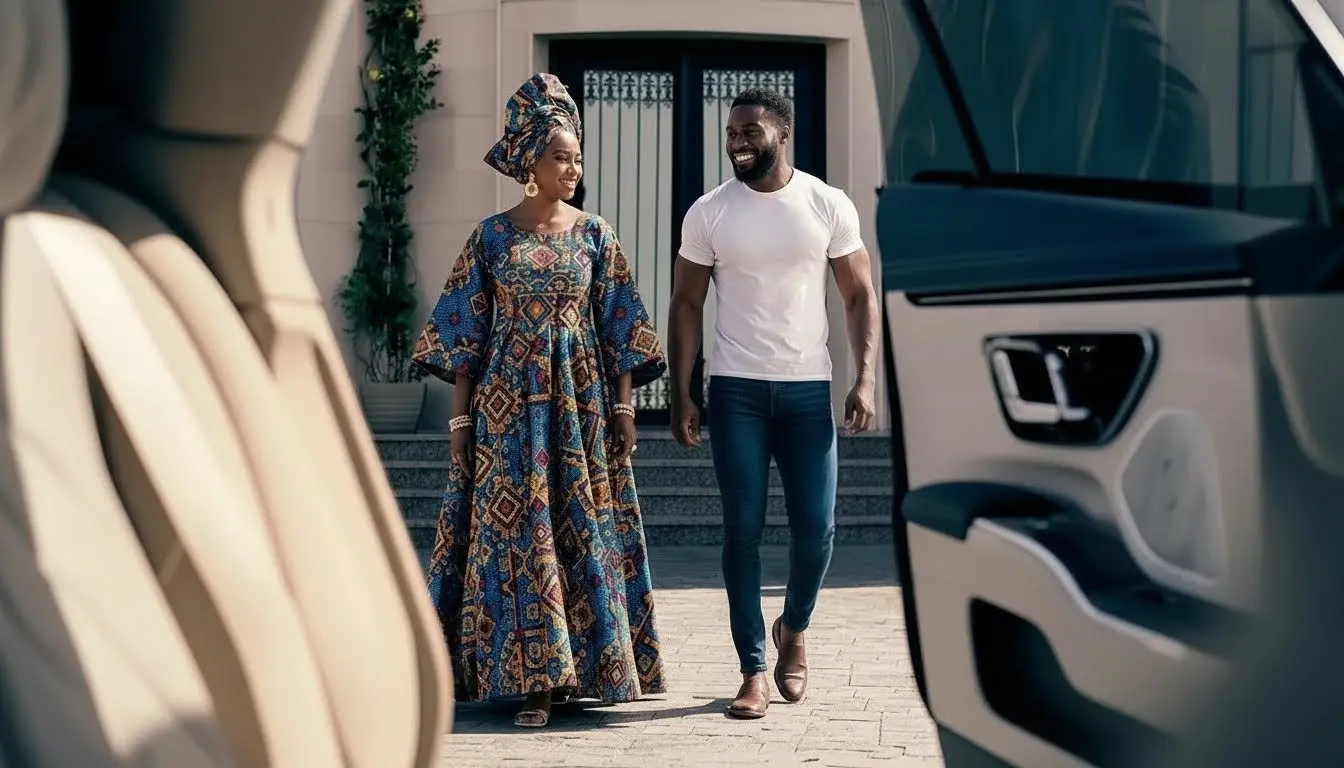 A man and woman smile and exchange looks as they approach their waiting vehicle.